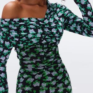 Dot blossom bright green off the shoulder dress